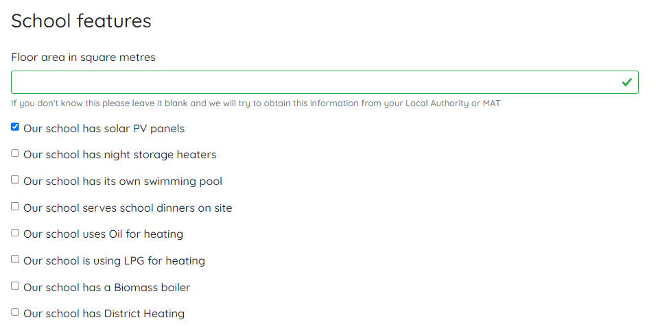 Screenshot of Energy Sparks website showing the School features section which has a solar PV tickbox