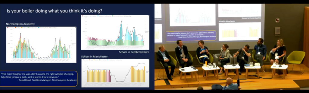 A screenshot from a YouTube video of me presenting at a conference. On the left is an image of a slide I was showing of some Energy Sparks charts. The slide title is "Is your boiler doing what you think it's doing?". On the right is an image of the panel session, I am third from the left in a group of 7.