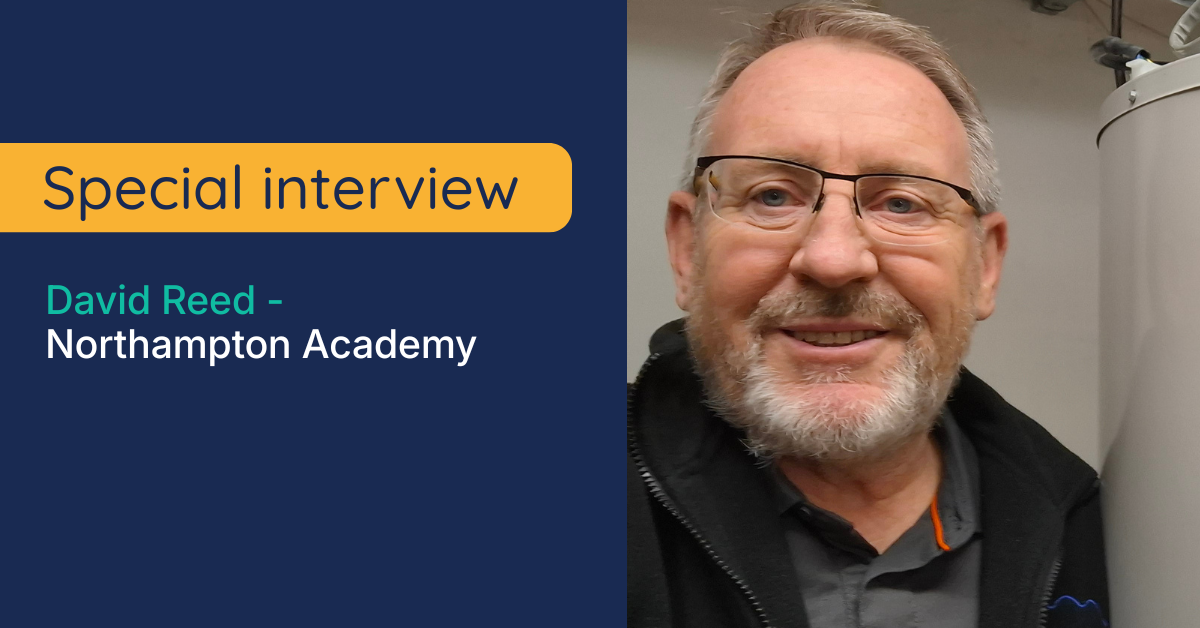 Text panel reads: "Special interview: David Reed - Northampton Academy". Image on the right shows David standing next to a decommissioned boiler, and smiling to camera.