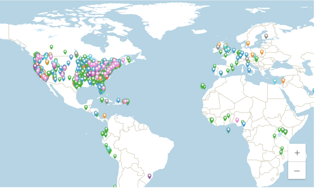 Image shows a Google Maps view of the world, with pins showing registered activities (taken from the earthday.org website). North America has lots of pins, whereas the UK and Europe does not have a huge number.