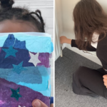 Two images shown - on left is a primary pupil holding up a paper lantern created for Earth Hour. On the left is a secondary student adjusting radiator thermostat