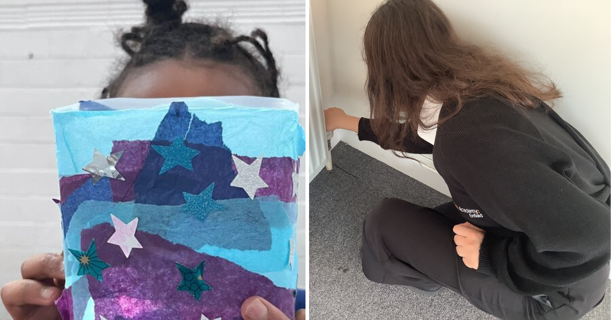 Two images shown - on left is a primary pupil holding up a paper lantern created for Earth Hour. On the left is a secondary student adjusting radiator thermostat