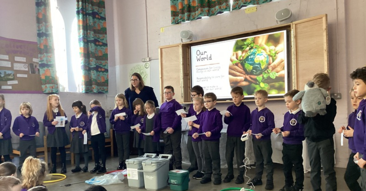 The eco team at Horsford Primary Holt Road gives an assembly about their work.