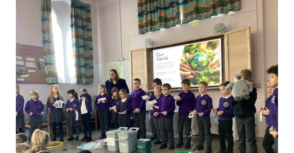 Eco Team members from Horsford Primary - Holt Road give a school assembly to their school about what they have been doing.